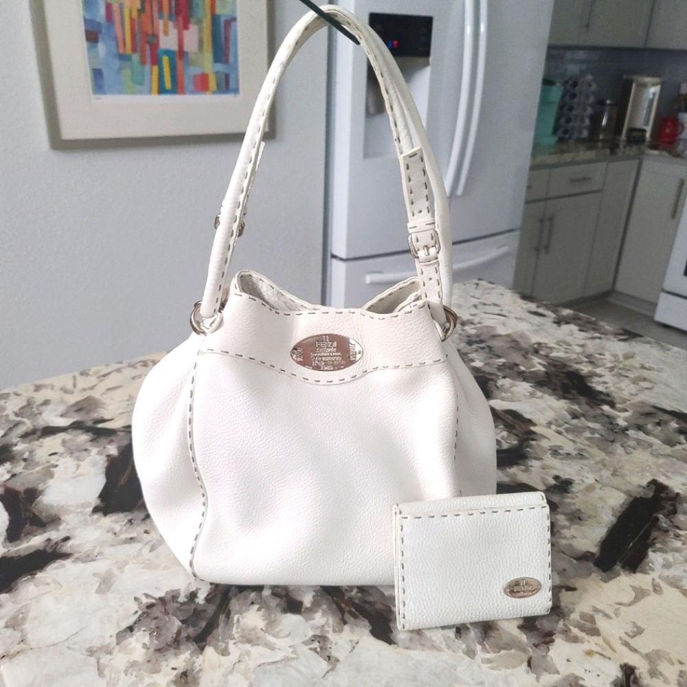 Fendi Selleria white leather bag and wallet matching set, rare vintage
